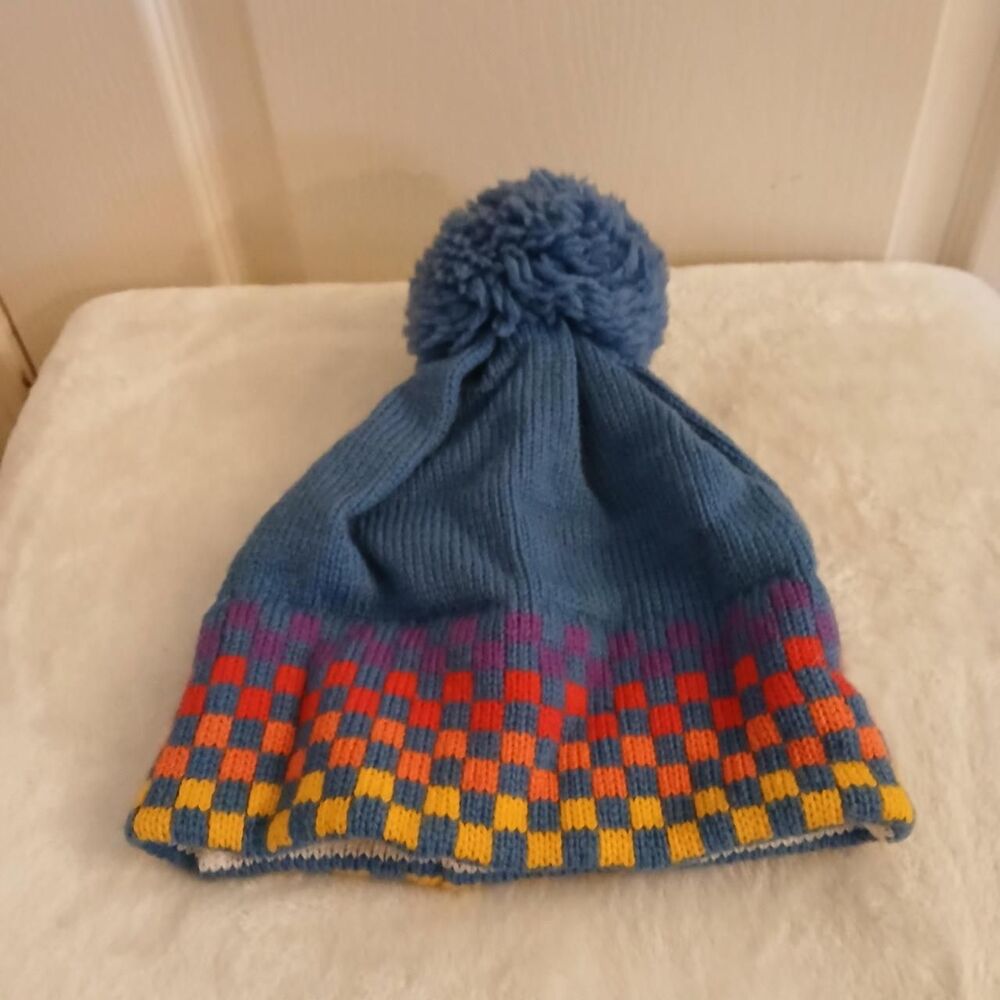 Vintage 80s White Stag 100% Wool Checkerboard Pom Beanie One Size Kids/Unisex